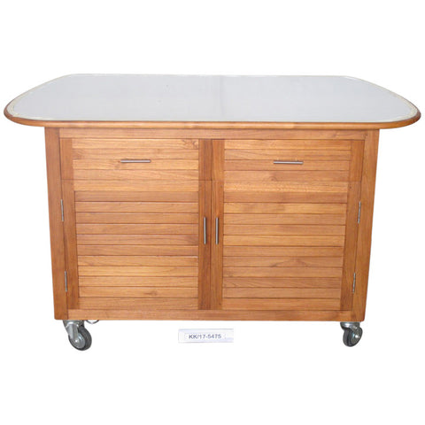 Large Teak 2 drawer Cabinet w/ SS top, drwr & shlvs -